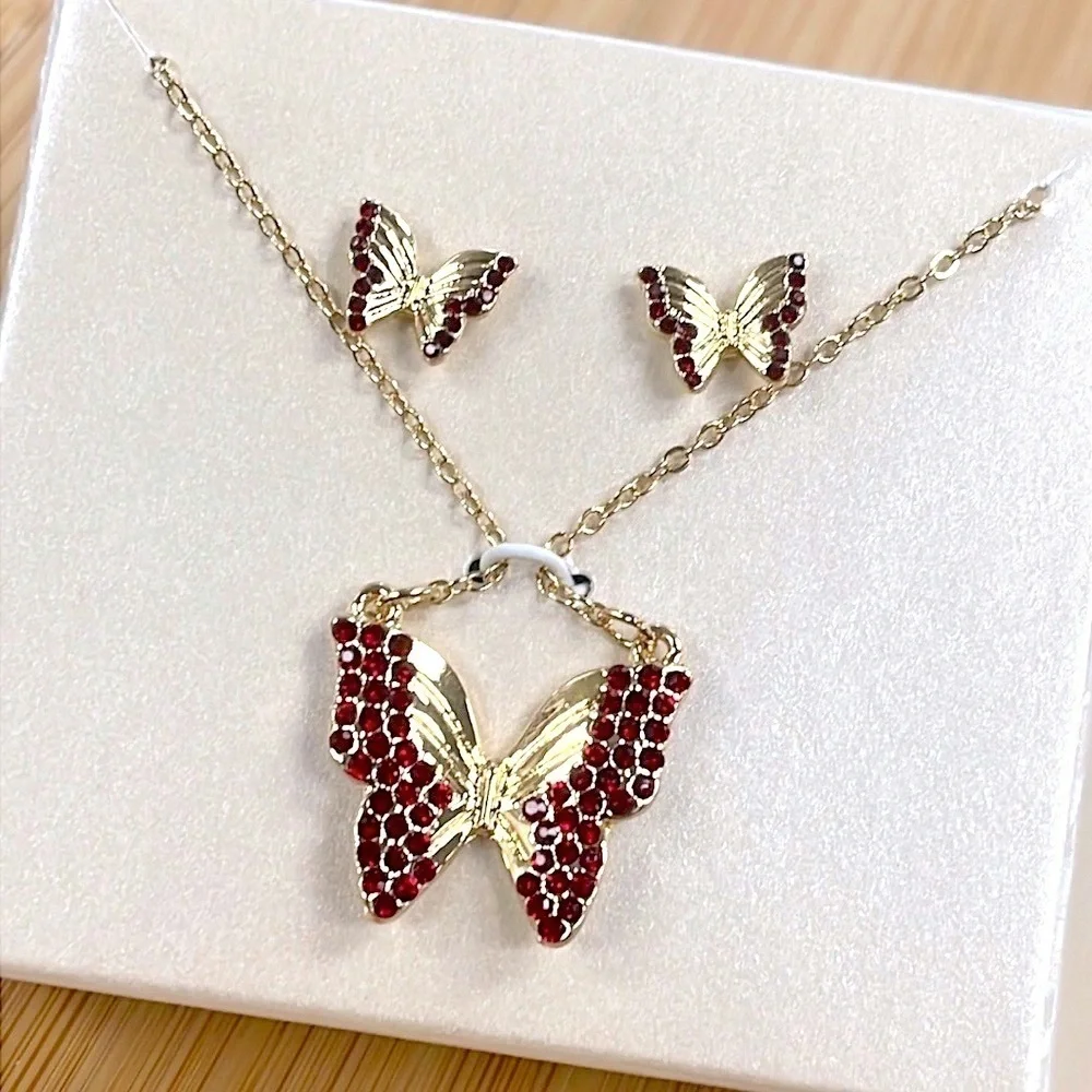 Brand New Butterfly Necklace & Post Earring Set Gold Tone Red Crystal Rhinestone